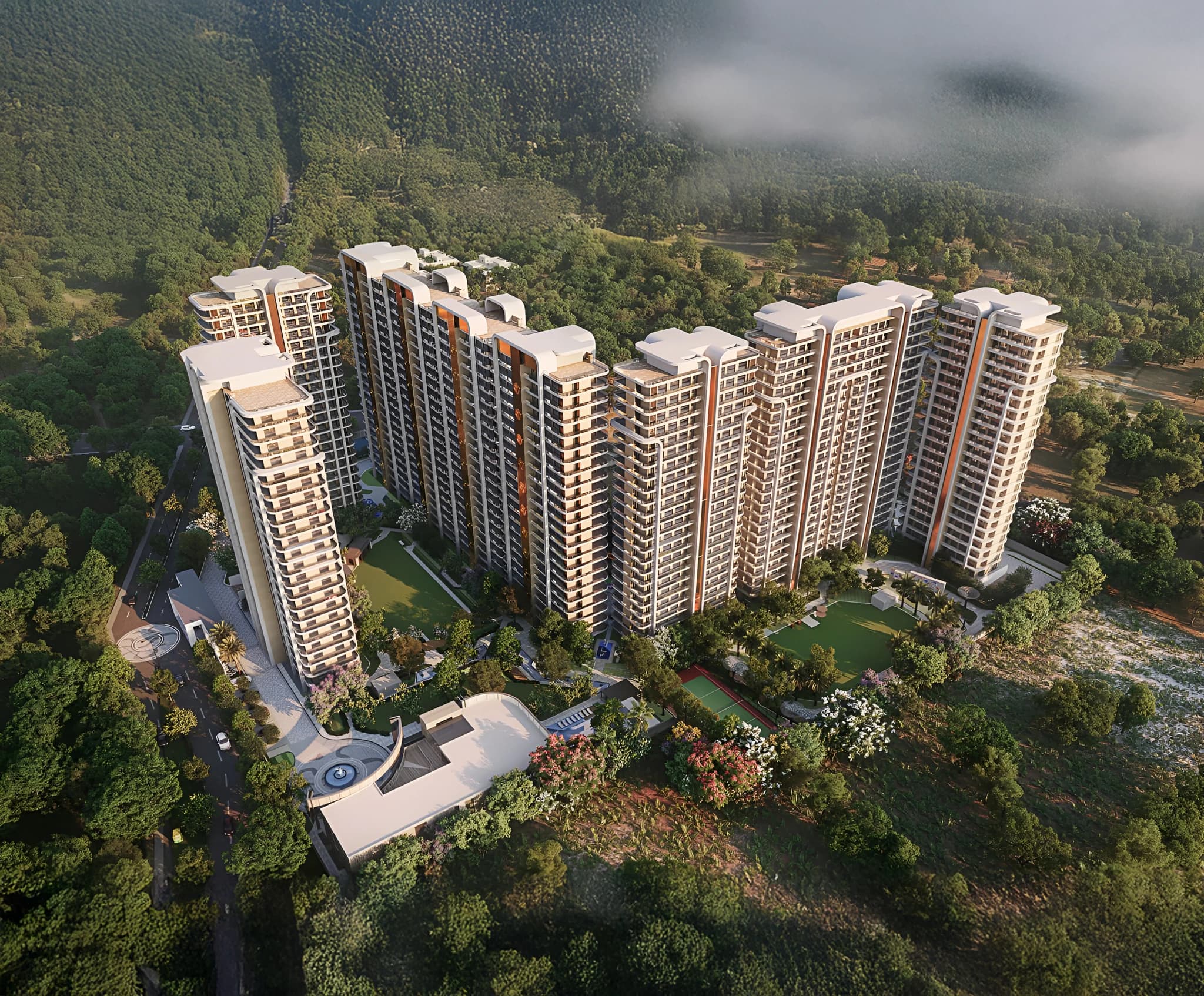 Aerial view of the Vintage Greens luxury residential towers in Zirakpur