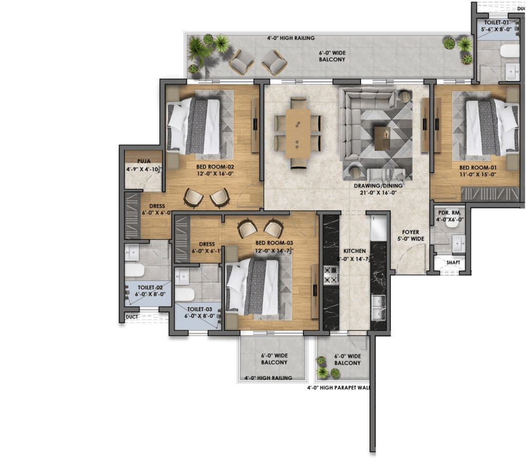 3 BHK floor plan
