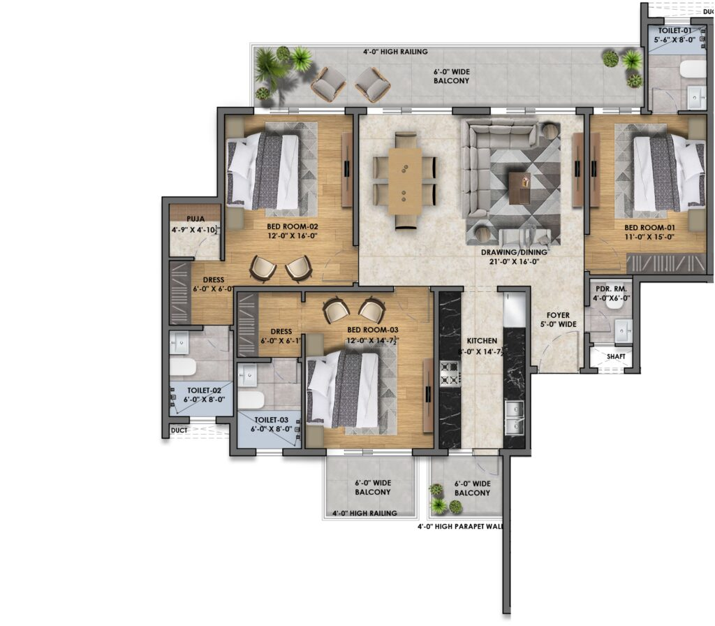 3 BHK floor plan Vintage Greens Zirakpur — 2350 sq.ft.